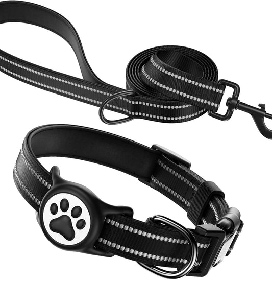 Airtag Dog Collar and Leash Set,Reflective Ultra-Durable Nylon Padded with QR Buckle & IP68 Waterproof Air Tag Holder Compatible for Apple Airtag, Comfortable for Small Medium Large Dogs (Black Set,M)